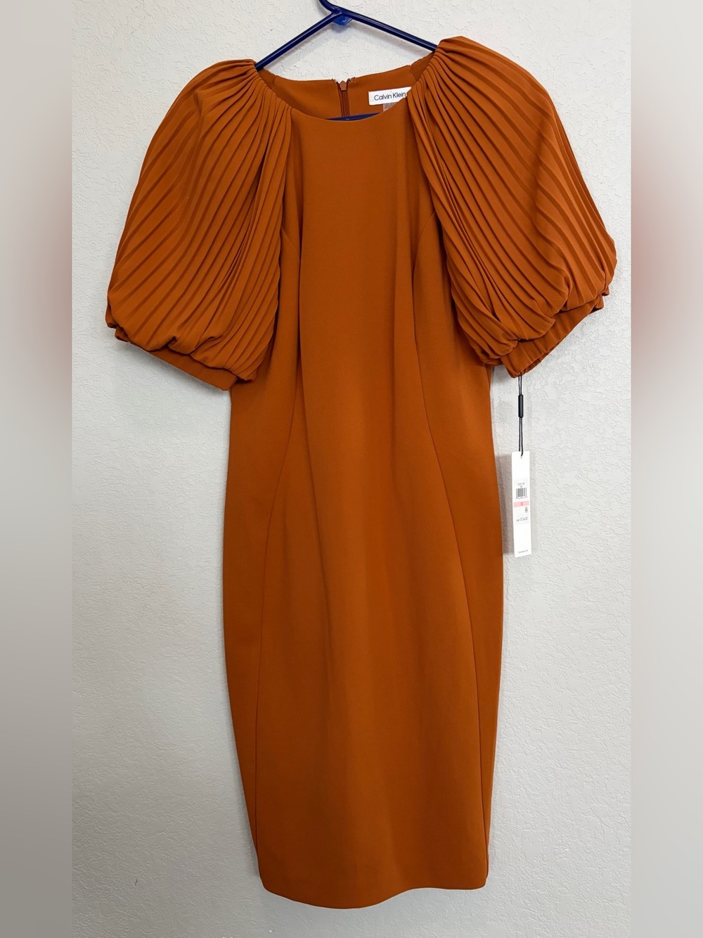 Calvin Klein burnt orange Pleated Puff-Sleeve Midi Dress